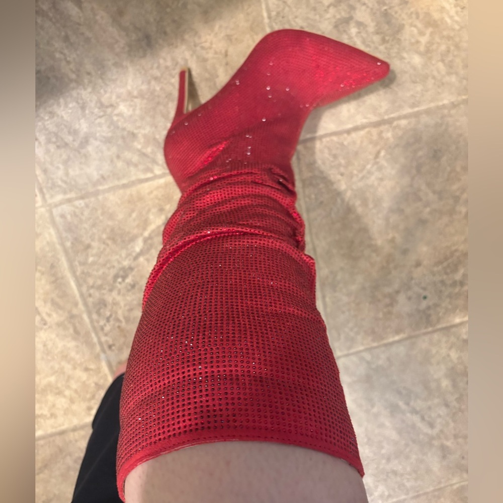 Red Rhinestone Thigh High Heeled Boots - Picture 5 of 5